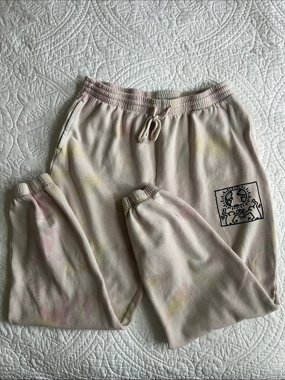 Pastel Tie-Dye Sweatpants with Graphic Patch - Cream